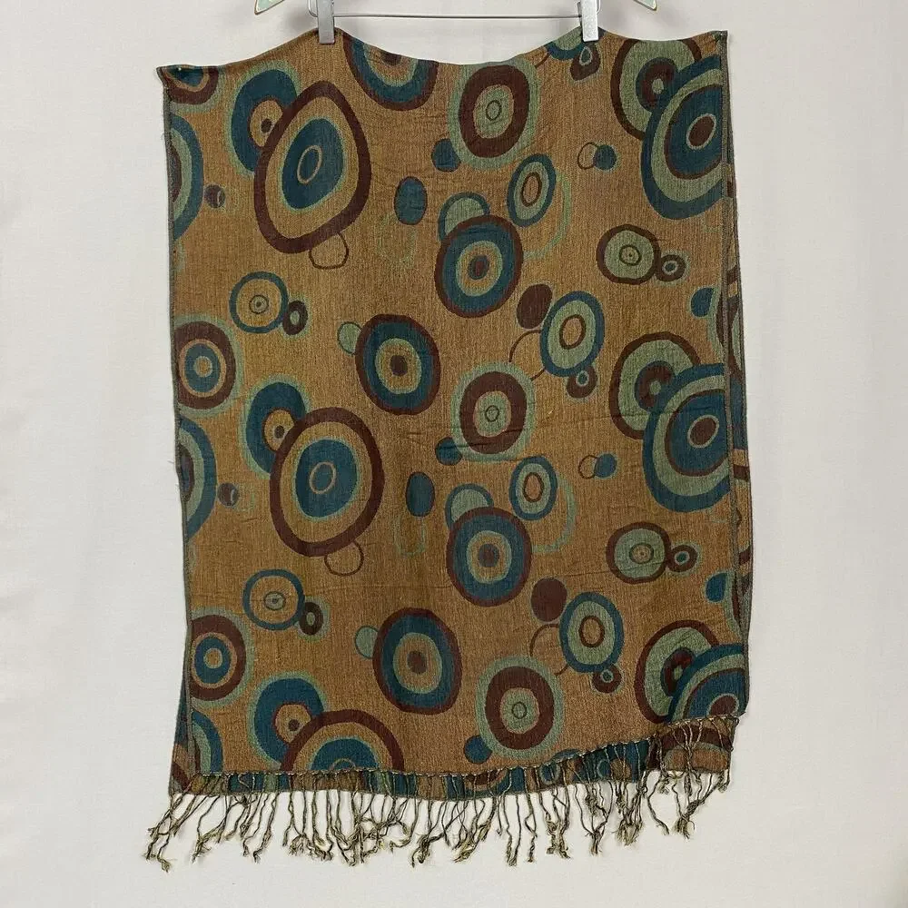 Pashmina Cashmere Silk Scarf Brown Teal Geometric Circles Wrap 64